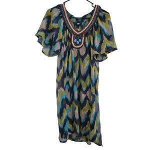 H&M Boho Tribal Kaftan Dress Womens Size 8 Beaded Neckline Turquoise Embellished